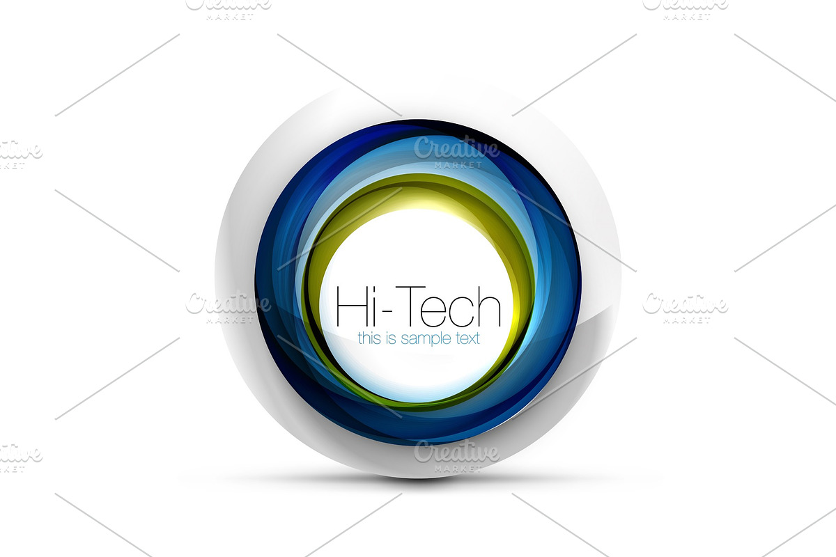 Digital techno sphere web banner, button or icon with text. Glossy swirl color abstract circle design, hi-tech futuristic symbol with color rings and grey metallic element in Illustrations - product preview 8