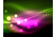 Neon wave background with light effects, curvy lines with glittering and shiny dots, glowing colors in darkness, magic energy