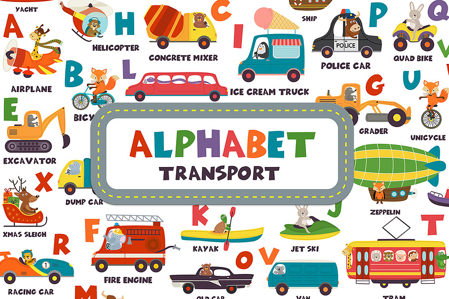 alphabet with transport and animals
