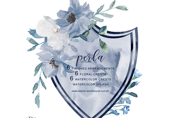 Watercolor French Blue Floral Crests