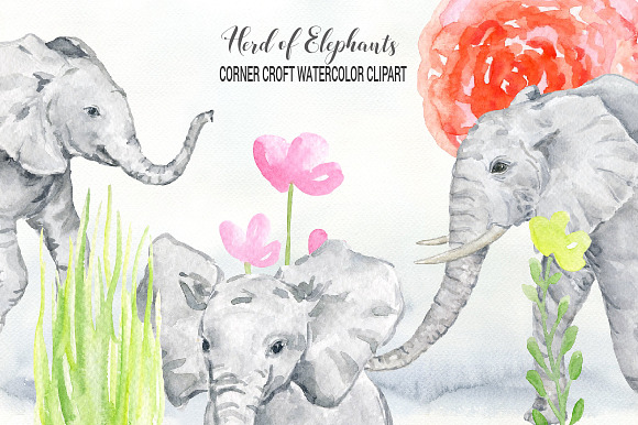 Watercolor Elephant Clipart in Illustrations - product preview 3
