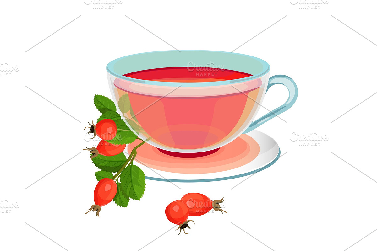 Tea with rose hips in transparent glass and saucer in Illustrations - product preview 8