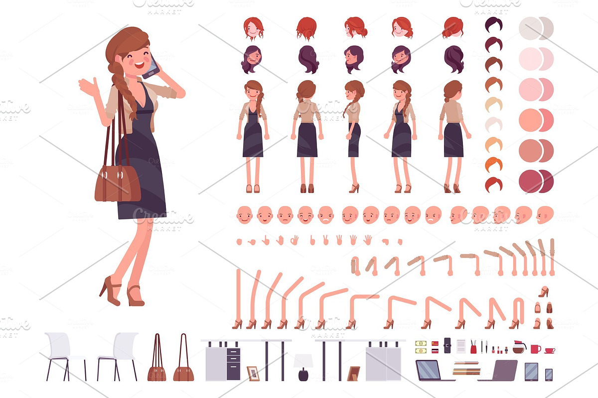 Pretty female office employee character creation set in Illustrations - product preview 8