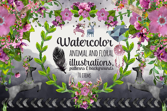 Watercolor Animals, Florals, Pattern in Illustrations - product preview 1