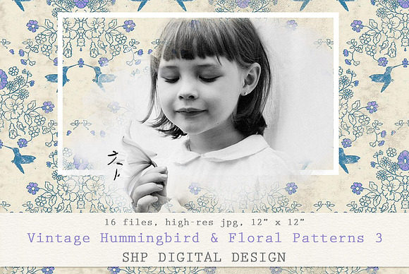 Vintage Hummingbird & Floral Pattern in Patterns - product preview 2