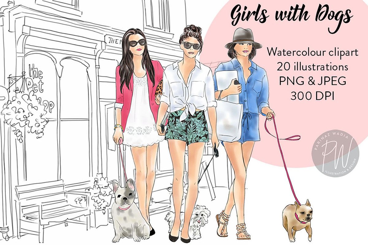 Girls with Dogs Clipart in Illustrations - product preview 8