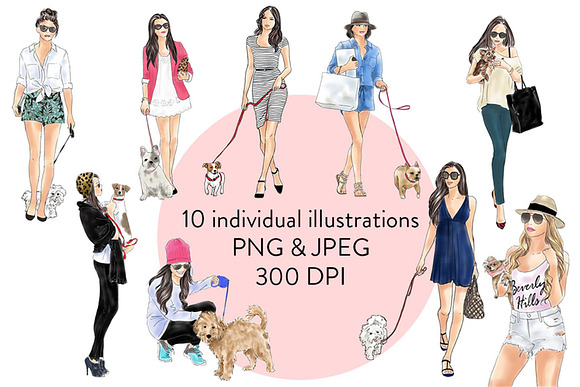 Girls with Dogs Clipart in Illustrations - product preview 1