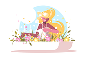 Cute blonde watering home flowers