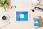 Top view office desk tablet header