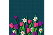Paper cut spring flowers tulip and narcissus.