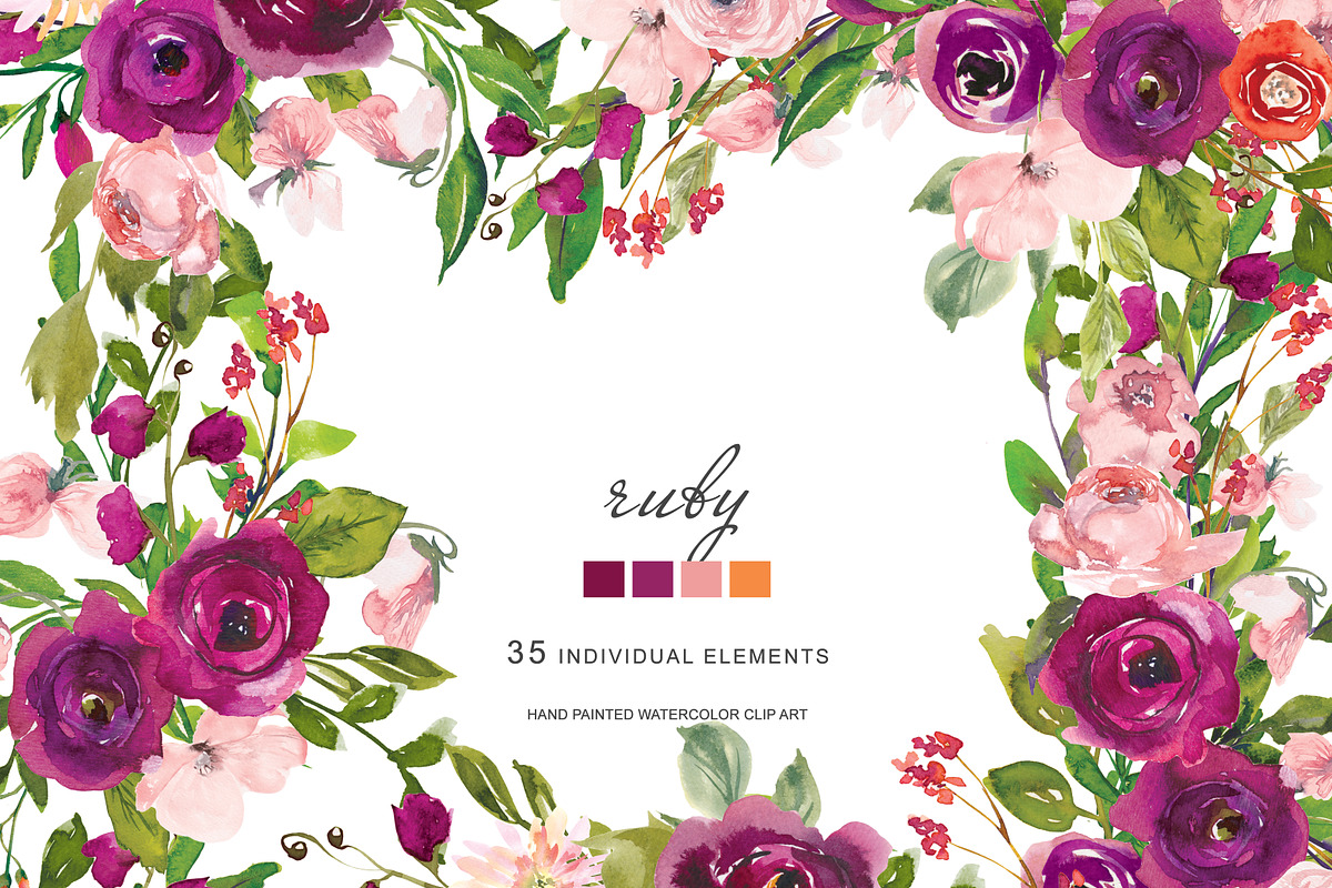 Watercolor Blush and Purple Florals in Illustrations - product preview 8