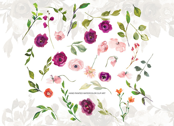 Watercolor Blush and Purple Florals in Illustrations - product preview 3