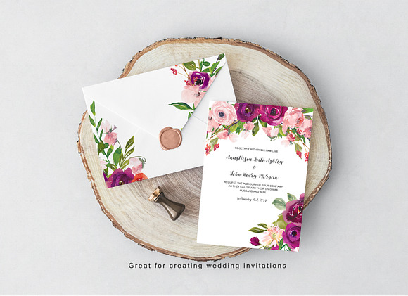 Watercolor Blush and Purple Florals in Illustrations - product preview 4