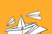 Hand drawing paper boat and plane