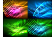Set of glowing flowing wave neon backgrounds, energy concept, wave lines