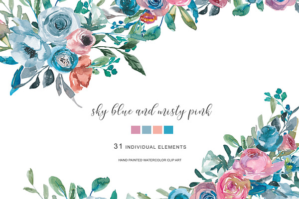 Watercolor Blue & Misty Pink Florals