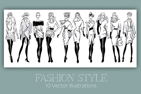 Set of 10 B&W Style Fashion Women in Illustrations - product preview 4