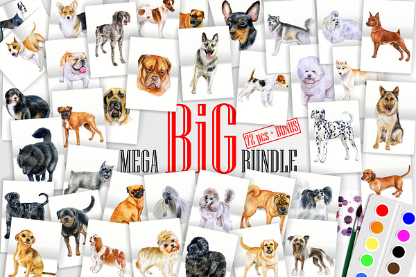 Watercolor Dogs. BIG BUNDLE