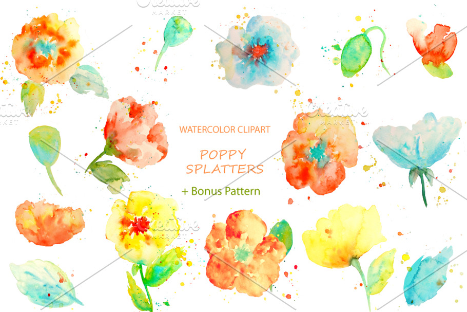 Watercolor Clipart Poppy Splatters