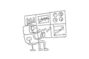 Sketch robot alien character keeps track of the diagrams. Stock exchange. Bot broker looks at the monitor statistics. Hand drawn black line vector illustration.