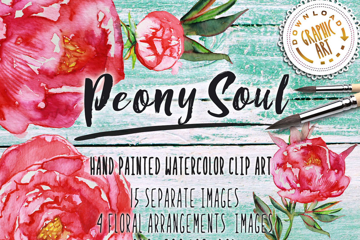 Watercolor clipart; Peony wreath in Illustrations - product preview 8