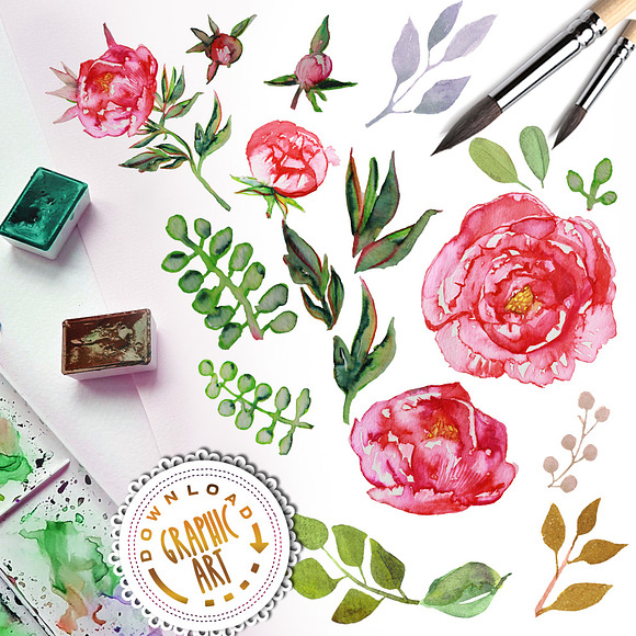 Watercolor clipart; Peony wreath in Illustrations - product preview 1