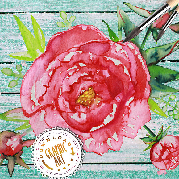 Watercolor clipart; Peony wreath in Illustrations - product preview 3