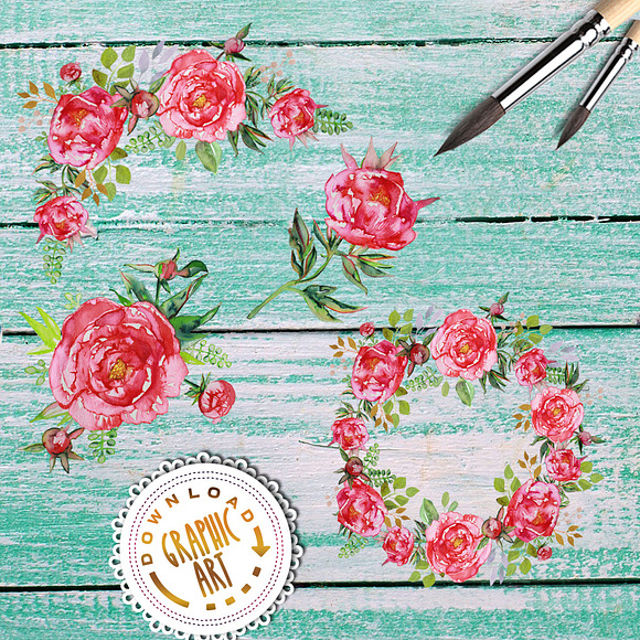 Watercolor clipart; Peony wreath in Illustrations - product preview 4