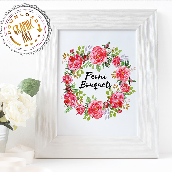 Watercolor clipart; Peony wreath in Illustrations - product preview 6