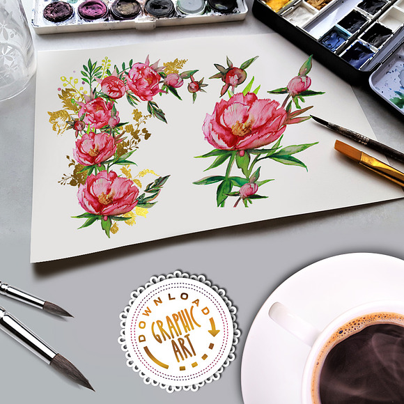 Watercolor clipart; Peony wreath in Illustrations - product preview 7