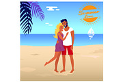 Couple Stands and Hugs on Beach in Palm Shade