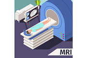 Medicine concept MRI scan and diagnostics Patient lying scanner machine in hospital