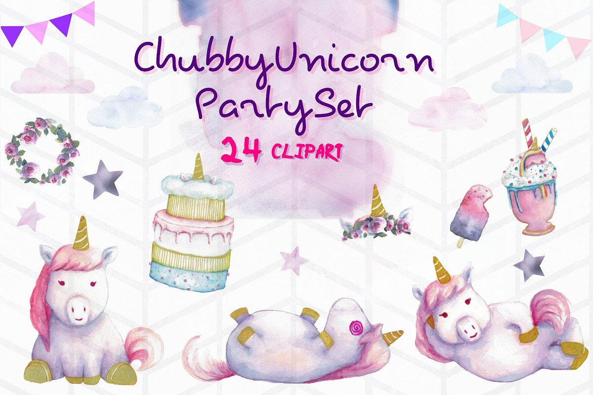 Chubby Unicorn Party Clipart in Illustrations - product preview 8