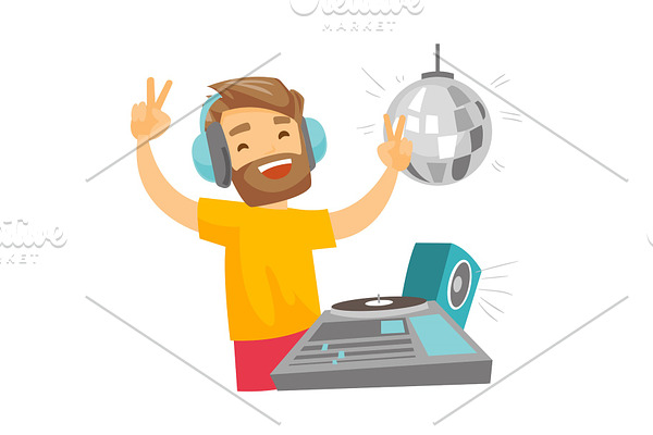 DJ mixing music on turntables vector illustration.