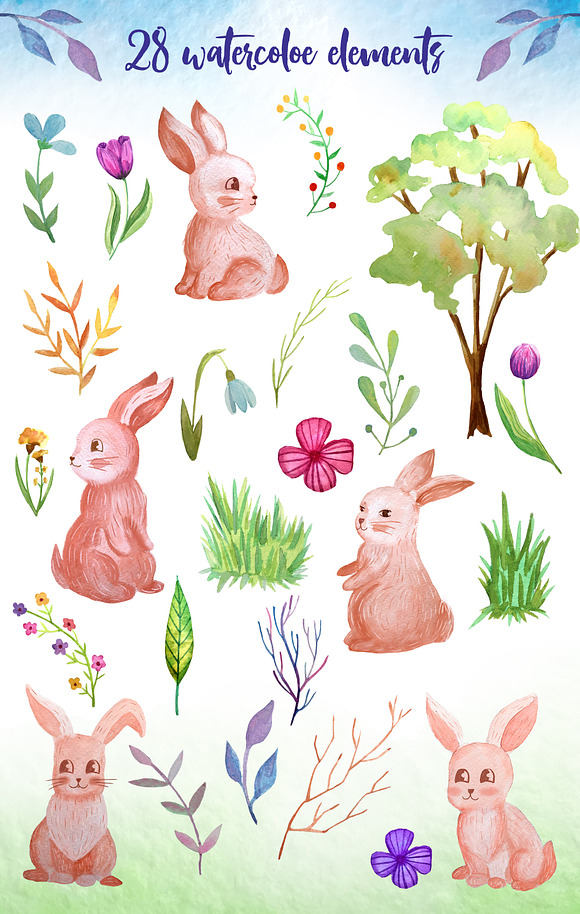 Watercolow rabbit and Floral set in Illustrations - product preview 1