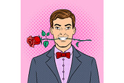 Man with rose flower pop art vector illustration