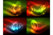 Set of abstract backgrounds. Blurred arrows in dark space. Neon pointers, glass glossy design, abstract techno background, web banner