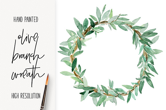 Olive Branch Wreath Hand Painted in Illustrations - product preview 1