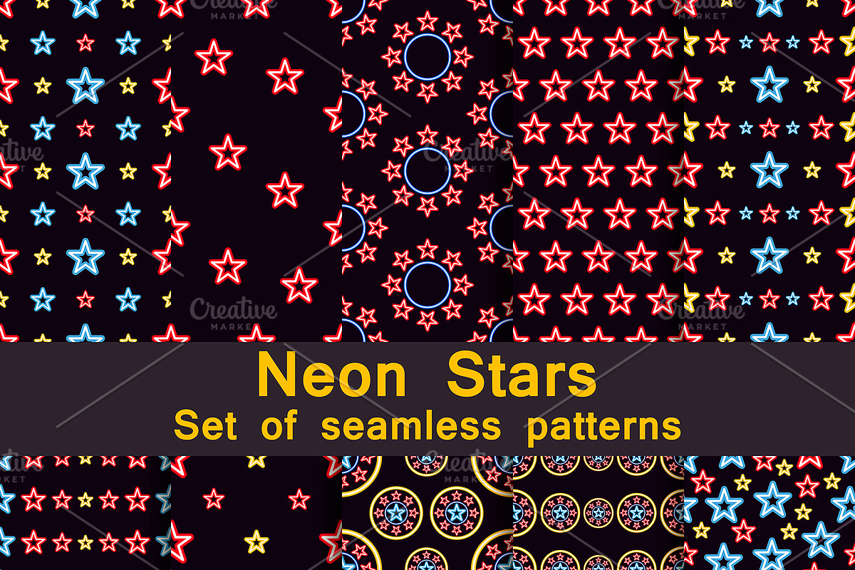 Neon stars seamless pattern set in Patterns - product preview 8