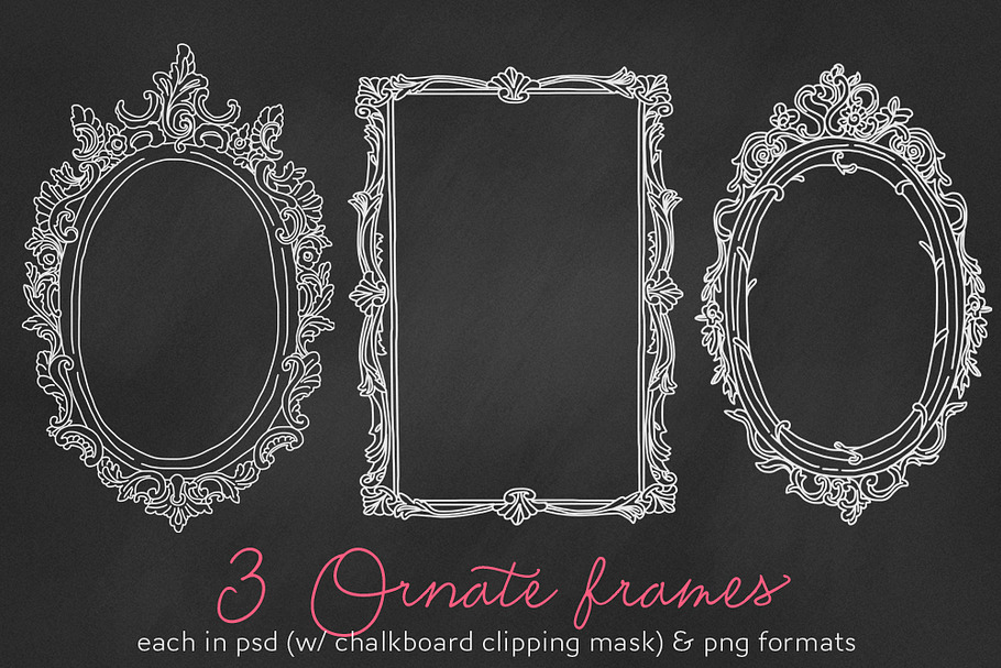 3 Ornate frames/labels chalkboard PS