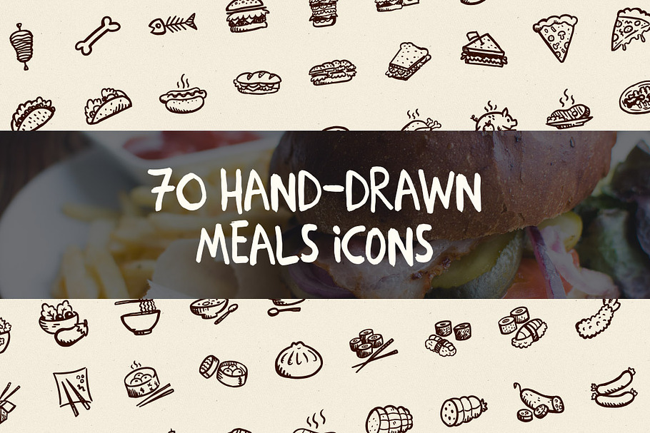 70 Hand-Drawn Meals Icons