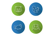 Pets flat linear long shadow icons set
