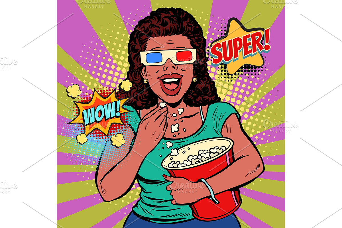 woman in 3D glasses watching a movie, smiling and eating popcorn in Illustrations - product preview 8