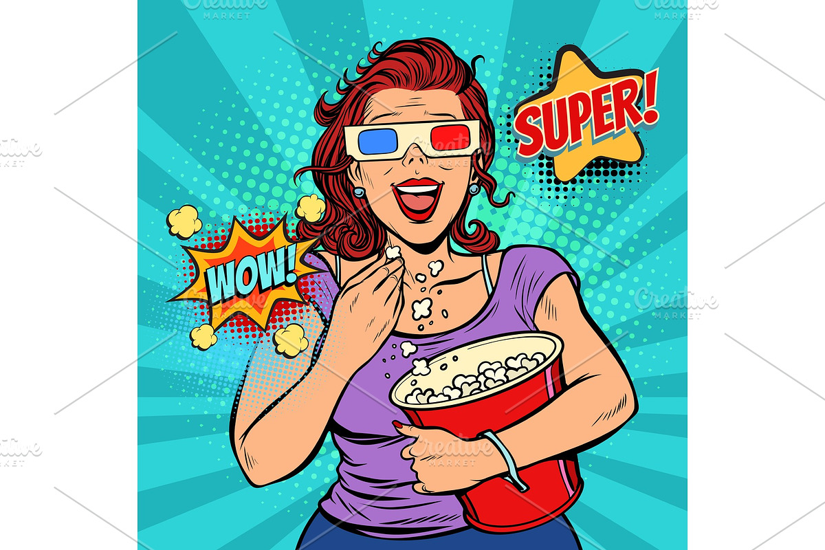 woman in 3D glasses watching a movie, smiling and eating popcorn in Illustrations - product preview 8