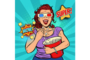 woman in 3D glasses watching a movie, smiling and eating popcorn