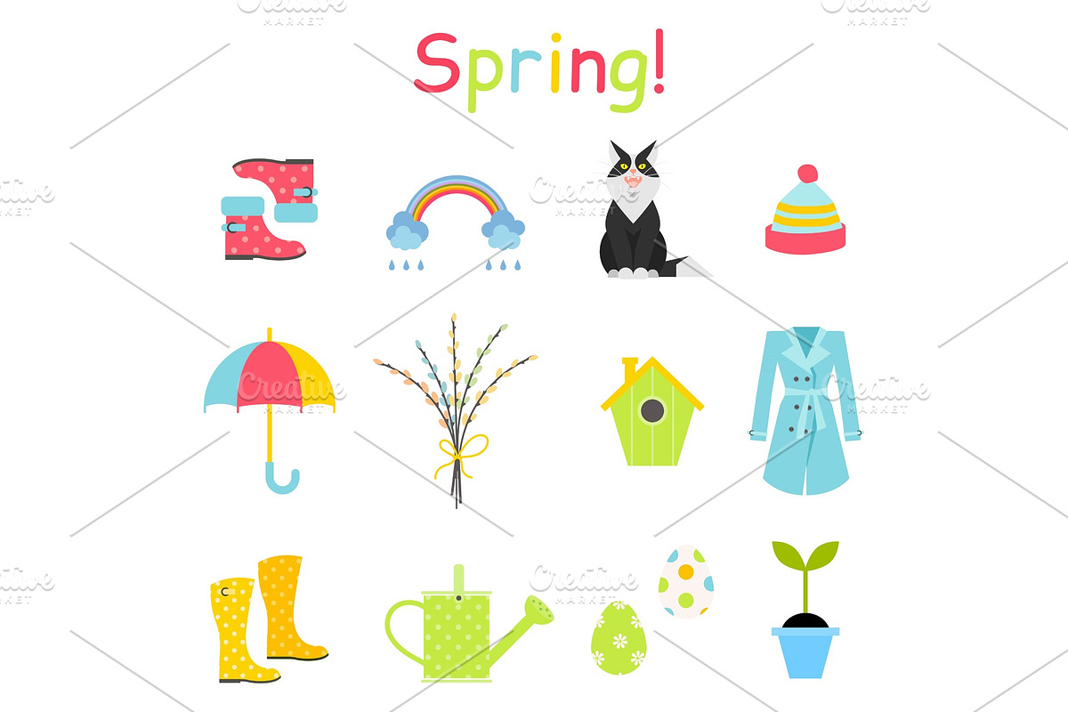 Spring icons set, flat style. Gardening cute collection of design elements, isolated on white background. in Illustrations - product preview 8