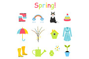 Spring icons set, flat style. Gardening cute collection of design elements, isolated on white background.