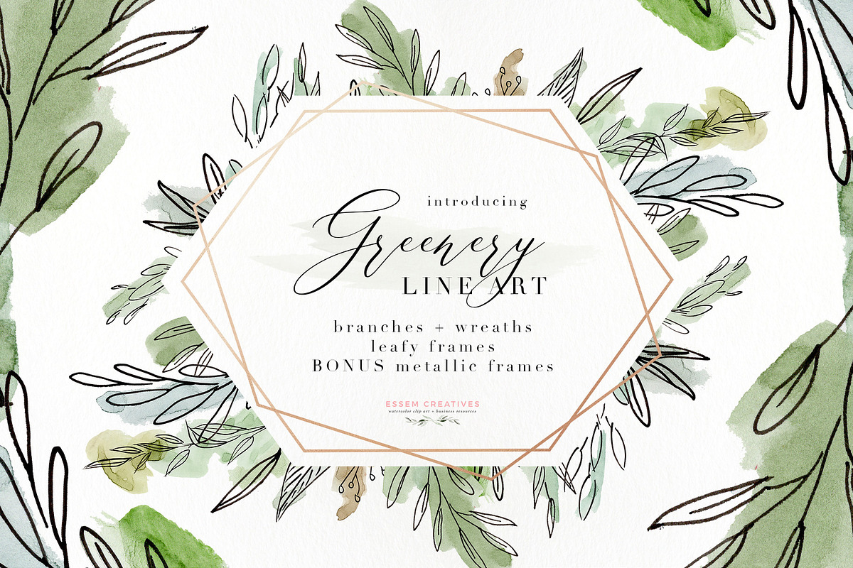 Watercolor Greenery Line Art Clipart in Illustrations - product preview 8