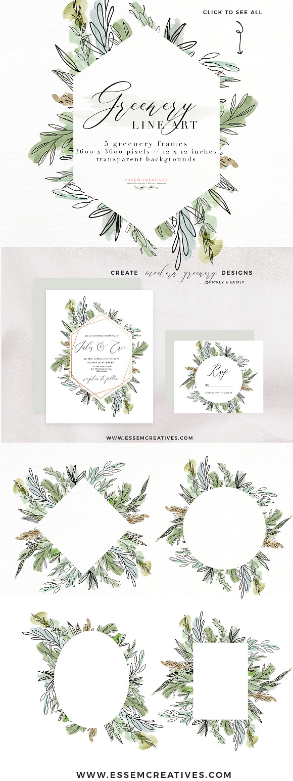 Watercolor Greenery Line Art Clipart in Illustrations - product preview 2