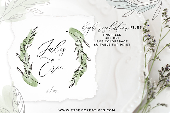 Watercolor Greenery Line Art Clipart in Illustrations - product preview 3
